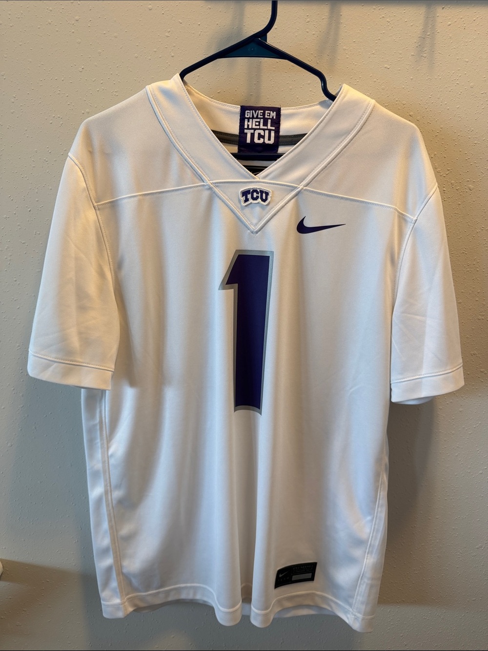 Nike Men’s White TCU Football Jersey with Purple Number